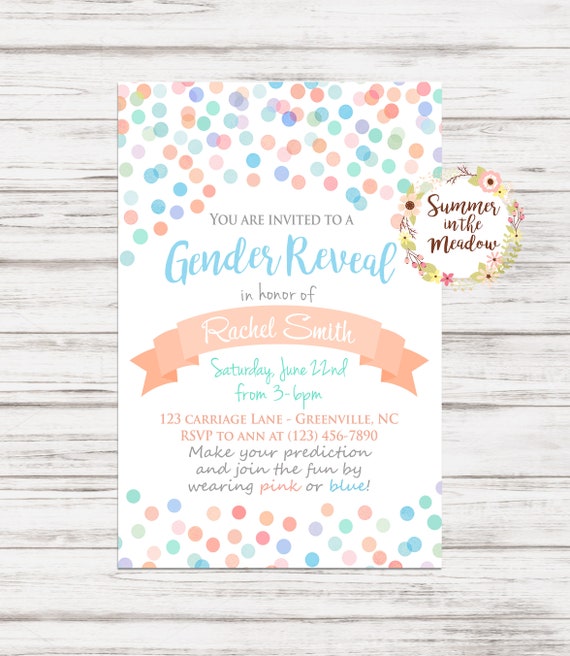 Gender Reveal Party Invitation, Gender Reveal Invite, Pink and Blue Confetti Dots, Pink and Blue Dots Il_570xn
