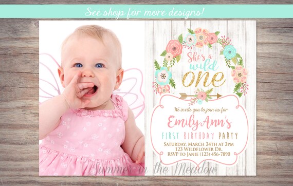 Wild One Birthday Party Invitation, She's a wild one invitation, Gold Glitter, First Birthday Invite, Gold Glitter One, Invite with Picture Il_570xn