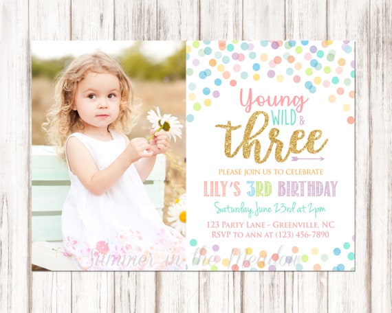 Young Wild and Three Birthday Party Invitation, Gold Glitter Three, Confetti Dots, 3rd Party Invite, Printable, Girl Birthday Il_570xn