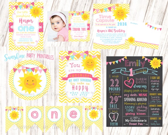 You Are My Sunshine Birthday Party, Sunshine First Birthday Invitation Set, Chalkboard Sign, Time Capsule, Printable Party Pack Il_570xn