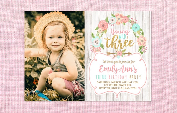 Young Wild and Three Invitation, Wild and Three Birthday Party Invite, 3rd Party Invite, Girl Birthday, Flower Wild Three with Gold Glitter Il_570xn