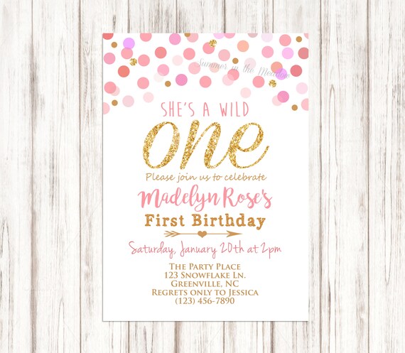Wild One Birthday Party Invitation, She's a wild one invitation, Pink and Gold Party Invite, First Birthday Invite, Gold Glitter One Il_570xn