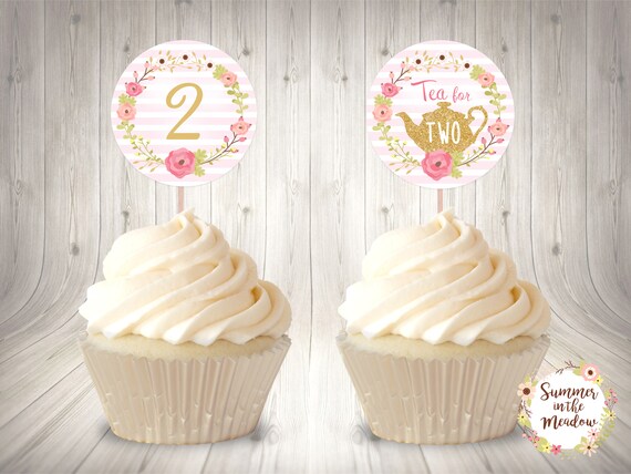 Tea for Two Cupcake Toppers, Birthday Tea Party Favor Tags, Printable Instant Download Il_570xn