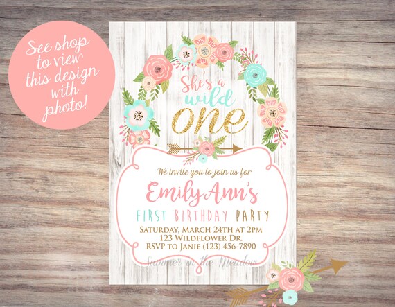 Wild One Birthday Party Invitation, She's a wild one invitation, Wild One Birthday Girl with Flowers, First Birthday Invite, Gold Glitter Il_570xn
