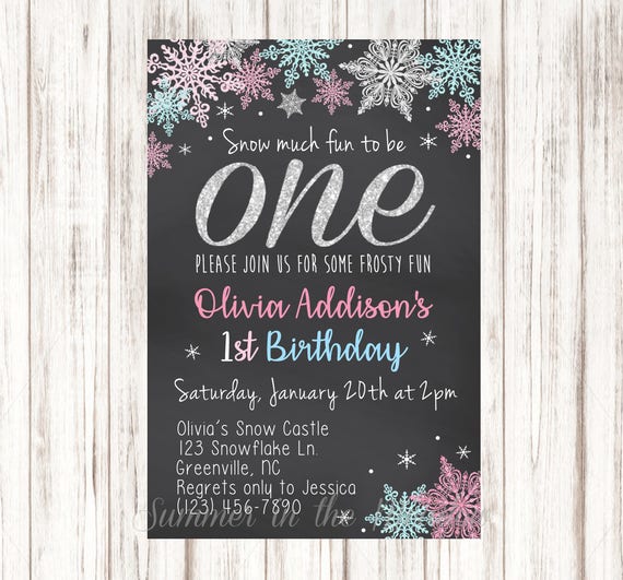 Snow much fun to be One Birthday Party Invitation, First Birthday Invite, Silver Glitter One, Snowflakes, Winter Birthday, Pink and Blue Il_570xn