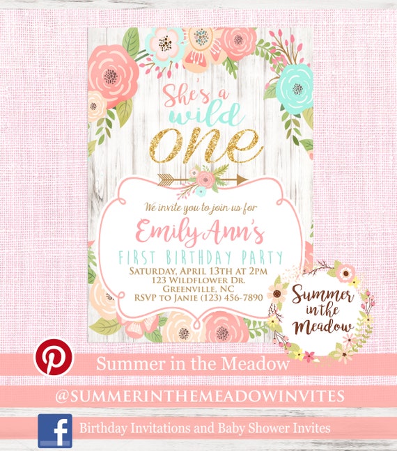 Wild One Birthday Party Invitation, She's a wild one invitation, Wild One Birthday Girl with Pink and Blue Flowers, Gold Glitter Il_570xn