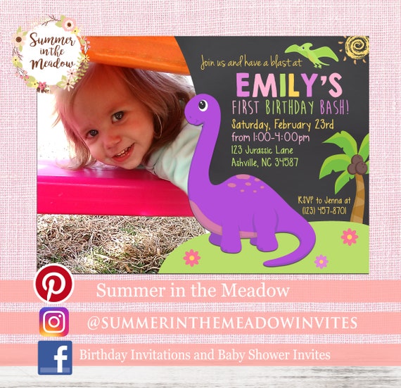 personalised photo card party invites invitations DINOSAURS DINOSAUR DINO GIRL 1