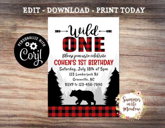 Wild One Birthday Party Invitation, Wild One Bear Invitation, Buffalo Plaid Wild One Invite, First Birthday Invite, Boy Wild One, Corjl Il_570xn