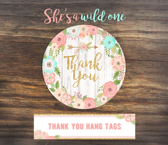 She's a Wild One Thank You Hang Tags, Wild One Favor Tags, Matching, Flower Wreath, Pink and Blue, Printable, Wild one birthday party Il_570xn