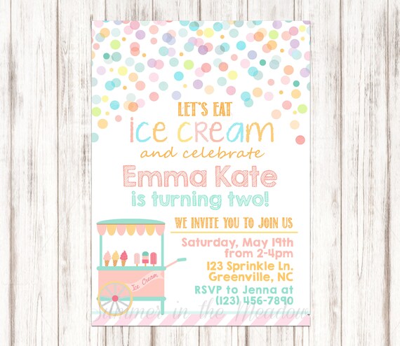 Ice Cream Birthday Party Invitation, Birthday Invite, Confetti Dots, Party Invite, Icecream, Ice Cream Cart, Any Age Il_570xn