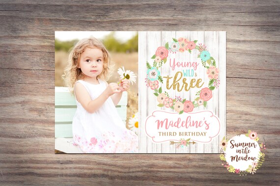 Wild and Three Birthday Announcement Card with Photo, Third Birthday Announcement, Birthday Photo Card Il_570xn