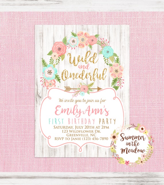Wild and Onederful Birthday Party Invitation, Wild One Birthday Girl with Flowers, First Birthday Invite, Gold Glitter, Pink and Blue Il_570xn