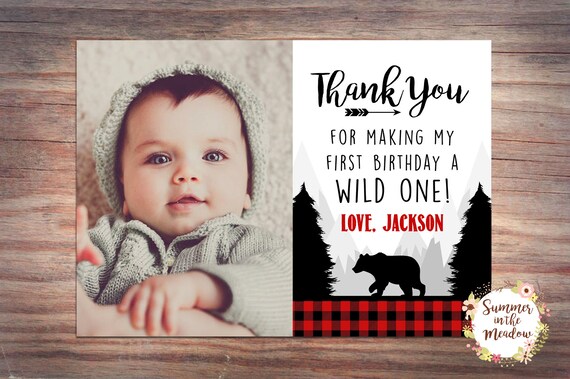 Wild One Thank You Card with Photo, Bear Buffalo Plaid Thank You Card, First Birthday Thank You Card Il_570xn