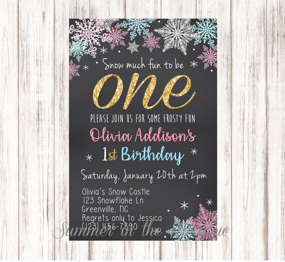 Pink and Blue Birthday Party Invitation, First Birthday Invite, Gold Glitter One, Snow much fun to be One, Snowflakes, 1st Snow Birthday Il_570xn