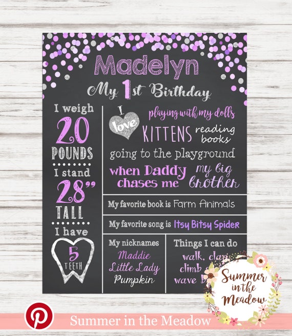Purple and Silver First Birthday Party Chalkboard Sign, Purple and Silver Glitter, Confetti dots, First Birthday Chalkboard, Printable Il_570xn