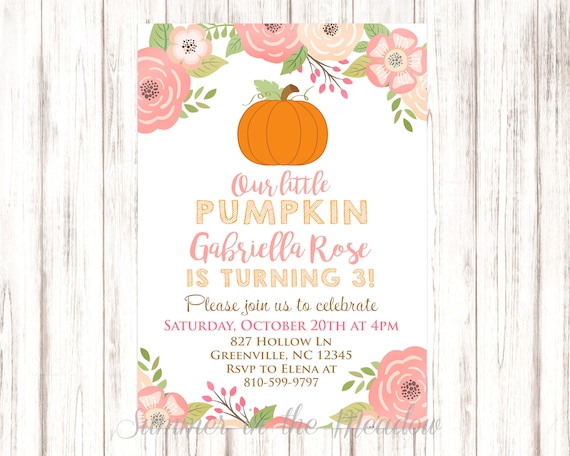 Pumpkin Birthday Party Invitation, Our little pumpkin party invite, Pink Flowers Il_570xn