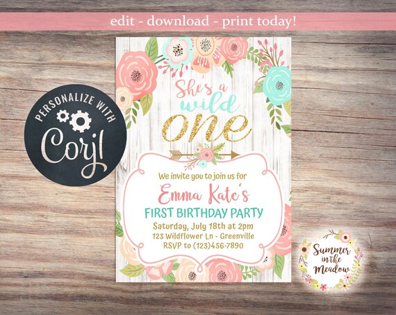 Wild One Birthday Party Invitation, She's a wild one invitation, Wild One Birthday Girl with Pink and Blue Flowers, Corjl Template Il_570xn