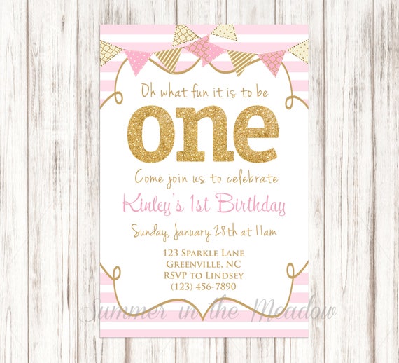 Pink and Gold First Birthday Party, Oh what fun Invitation, First Birthday Invite, Gold Glitter One, Pink Stripes, Printed or Digital Il_570xn