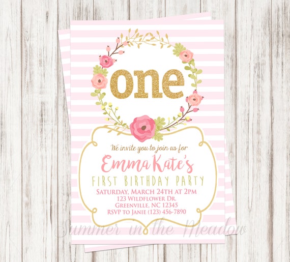 Pink and Gold First Birthday Party Invitation, Gold Glitter One, Pink Flower Wreath Invitation, Birthday Invite, Pink roses, Pink Stripes Il_570xn