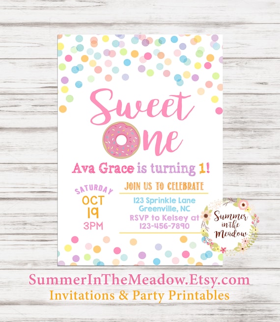 Sweet One Donut Birthday Party Invitation, Doughnut First Birthday Invite, Birthday Girl Party Invitation, Sweet One First Birthday Invite Il_570xn