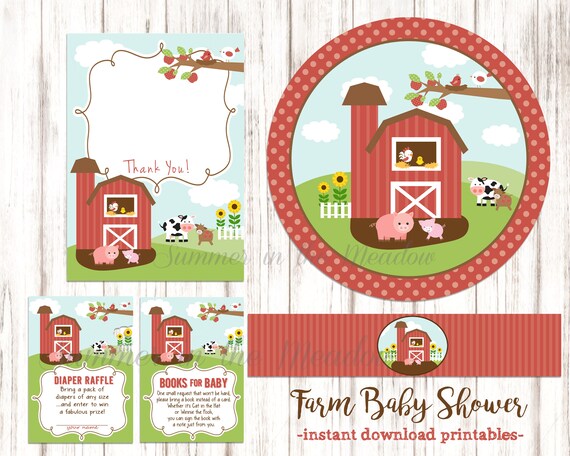 Farm Baby Shower Decorations, Farm Shower Decor, Thank You Card, Diaper Raffle, Book Request Cards, Party Props, Set Il_570xn