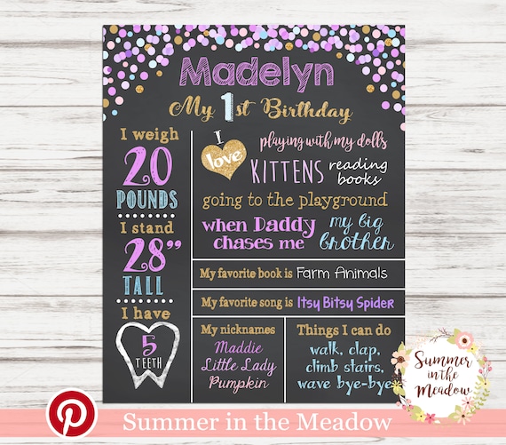 Purple Blue Pink and Gold First Birthday Party Chalkboard Sign, Confetti dots, Birthday Chalkboard, Printable Il_570xn