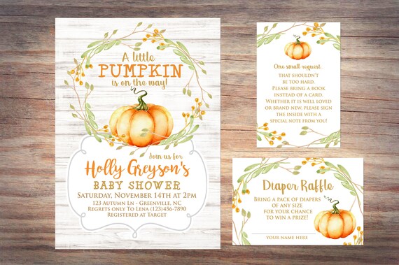 Pumpkin Baby Shower Invitation, Diaper Raffle Tickets, Book Request Cards, Autumn Baby Shower, Rustic White Wood Il_570xn