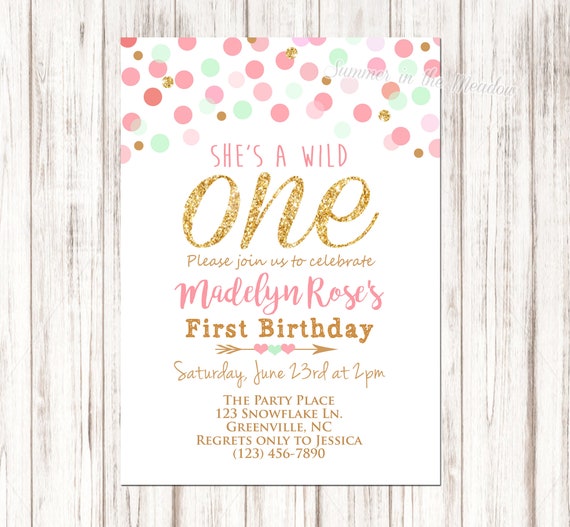 Wild One Birthday Party Invitation, She's a wild one invitation, Pink Mint and Gold Party Invite, First Birthday Invite, Gold Glitter One Il_570xn