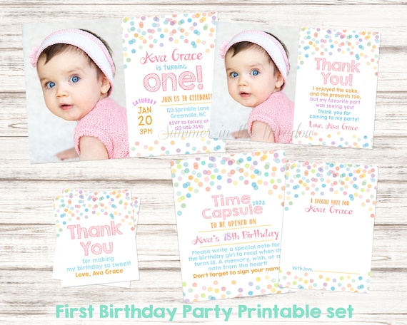 Confetti Birthday Party Bundle, First Birthday Party Set, Confetti Birthday Invitation, Thank You Card, Time Capsule, Chalkboard Sign Il_570xn