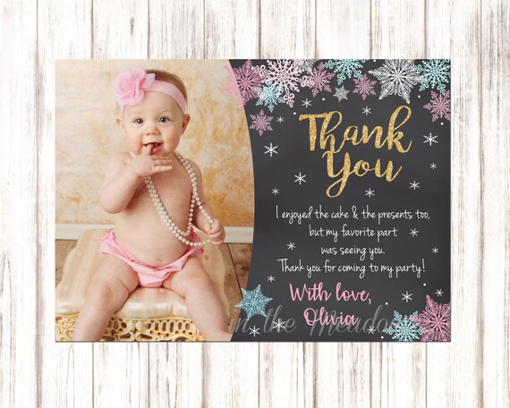 Winter ONEderland Thank You Card with Photo, Pink and Blue Snowflakes, Winter Wonderland Thank You Card Il_570xn