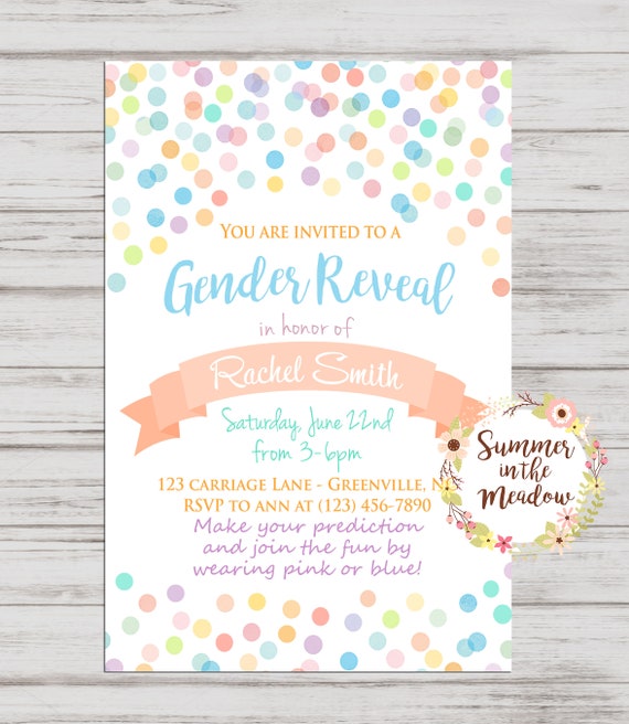Gender Reveal Party Invitation, Gender Reveal Invite, Confetti Dots, Pastel Colors Il_570xn