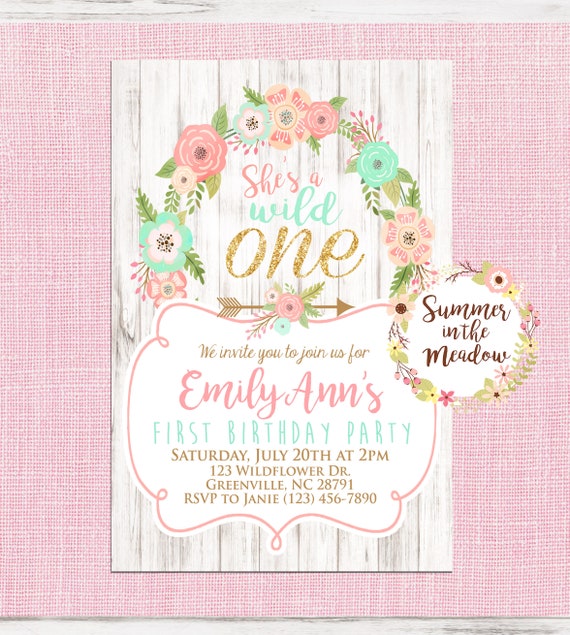Wild One Pink and Mint Birthday Party Invitation, She's a wild one invitation, Wild One Birthday Girl with Flowers, First Birthday Invite Il_570xn