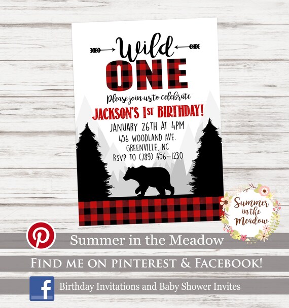 Wild One Birthday Party Invitation, Wild One invitation, Buffalo Plaid Wild One Invite, First Birthday Invite, Boy Wild One, Bear Il_570xn