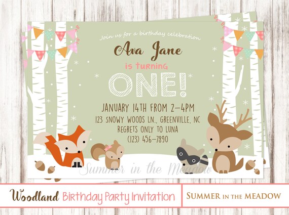 Woodland Girl Birthday Party Invitation, First Birthday Invite, Winter, Woodland Animals, Birch Trees, Deer, Fox, Snowy, Any Age Il_570xn