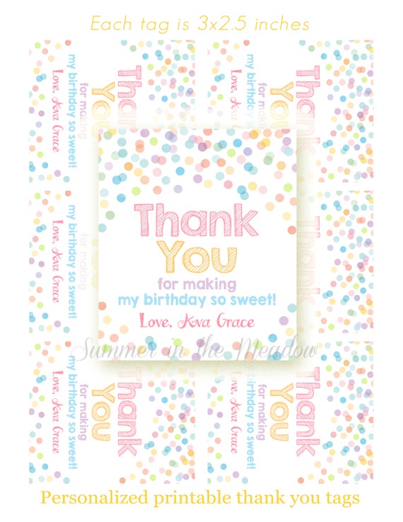 Confetti Birthday Thank You Tags, Printable hang tags with name, Matching Thank You Tags Il_570xn