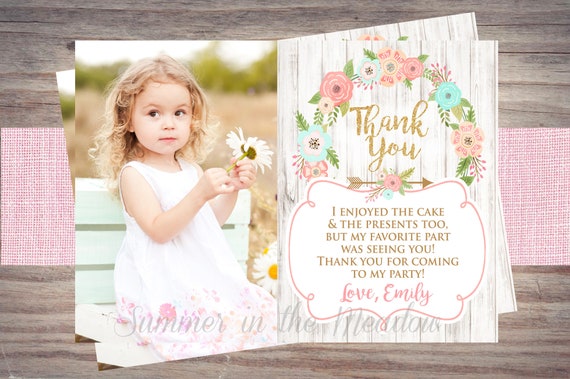 Wild and Free Thank You Card with Photo, Birthday Thank You Card, Thank you for coming to my party, Flower Wreath, First Birthday, Any Age Il_570xn