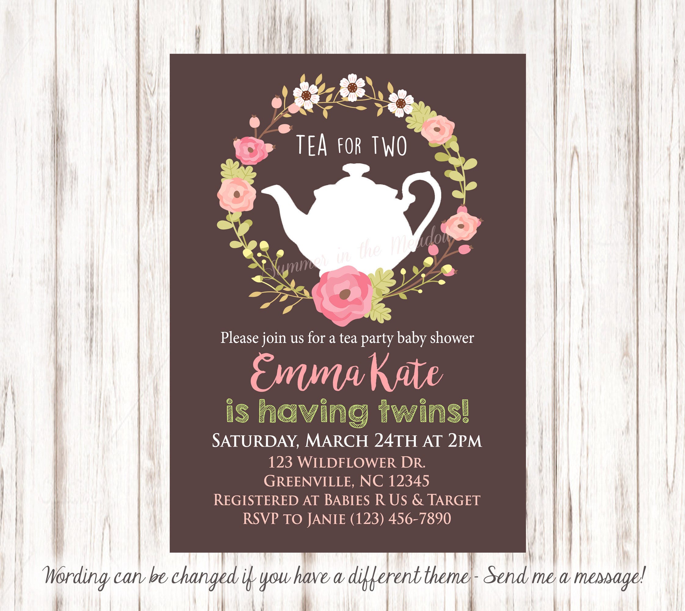 Tea for Two Baby Shower Invitation Girl Twins Invitation Tea Etsy