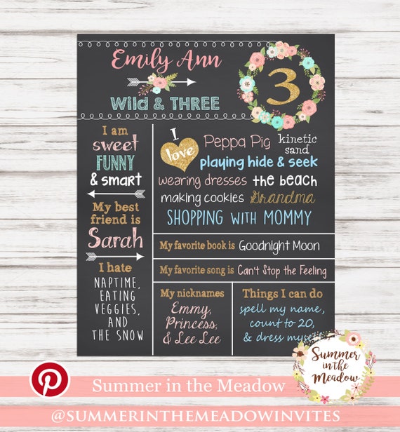 Wild and Three Birthday Chalkboard Sign, Arrows, Flowers Birthday Chalkboard, Wild and Three, Birthday Board, Milestones, Printable Il_570xn