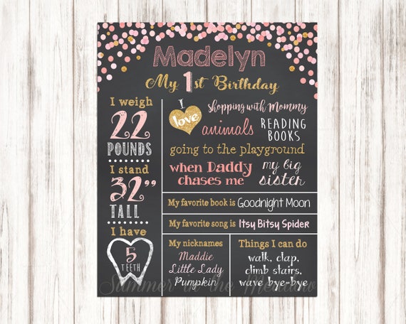 Pink and Gold Chalkboard Sign First Birthday, Pink and Gold Glitter, Sparkle, Confetti dots, Birthday Chalkboard, Printable Il_570xn