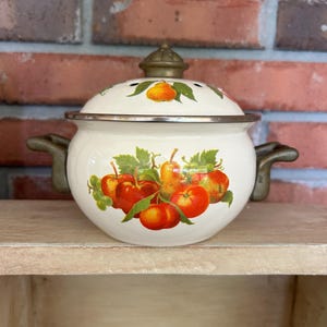 Pode incluir: Uma panela de esmalte cor de creme com tampa a condizer, apresentando uma ilustração colorida de fruta com maçãs vermelhas, uma pera e folhas verdes. A panela tem duas pegas de metal em tom de latão e um botão a condizer na tampa.