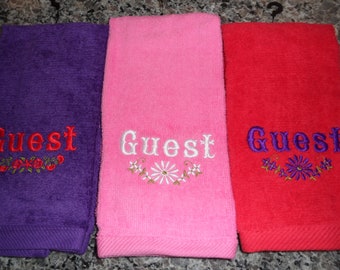 Fingertip towel, 100% cotton terry and velour towel, Choice of Red , Pink ,or Purple towel with embroidery, Price is for 1 towel
