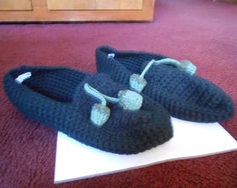 New HANDMADE Crocheted Black Moccasins Slippers (Size 12)