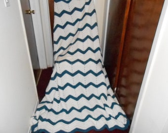 New Handmade Crocheted White and Ocean Blue Throw Blanket/Afghan with Fringe (82" x 83")