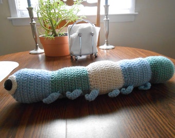 New HANDMADE Crocheted light blue, blue green and white Caterpillar