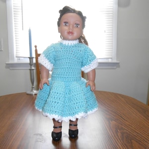 New HANDMADE Crocheted Light Green-Blue and White Party Dress for 18&quot; Dolls (including American Girl Dolls)