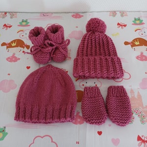 Hat, slippers, mittens, layette knit baby girl or boy raspberry pink color size 0/1, 3 or 6 months
