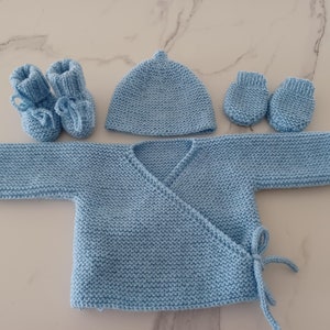 3 or 4 piece set with wrapover bra, booties, hat, mittens, sky blue color, baby girl or boy layette, size 0/1 month