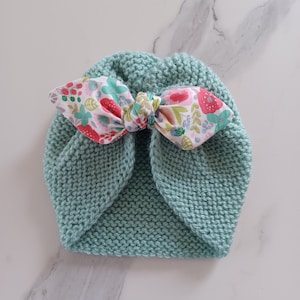 Wool turban hat with bow in baby girl layette fabric, bamboo green color, size 0/1 or 3 months