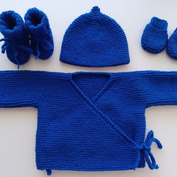 Ensemble 3 ou 4 pièces brassière cache-coeur chaussons bonnet moufles coloris bleu royal layette bébé fille ou garçon naissance, 1 ou 3 mois