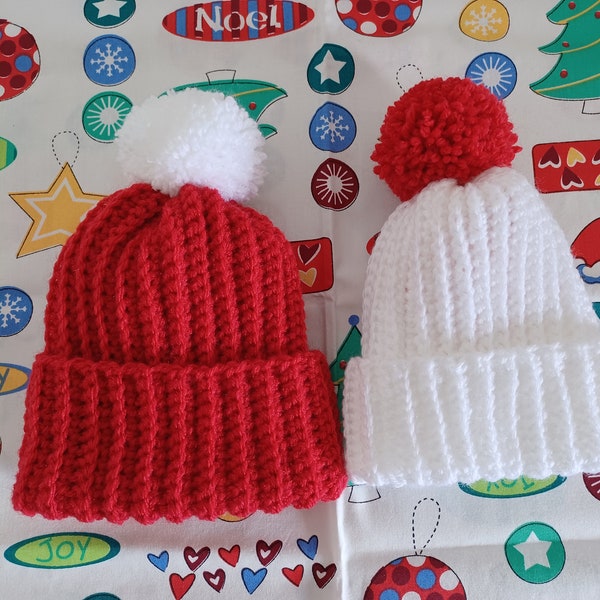 Bonnet spécial Noël pour bébé, enfant ou adolescent coloris rouge/blanc ou vert/blanc tailles naissance à adolescent